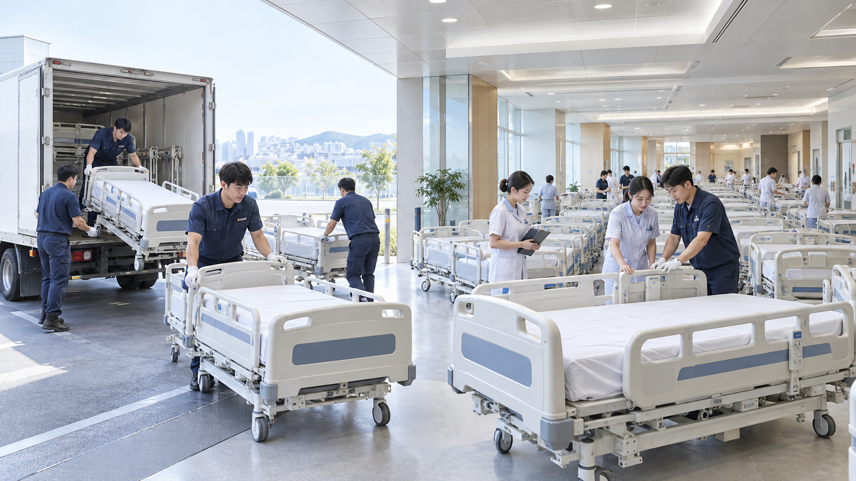 심평헬스케어가 병원에 기관용 전동침대를 대량 납품하고 의료진과 함께 설치 상태를 점검하는 모습